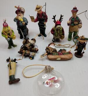 Mixed Lot of 10 Fishing Christmas Ornaments Fly Fishing Lure Santa Frog Canoe